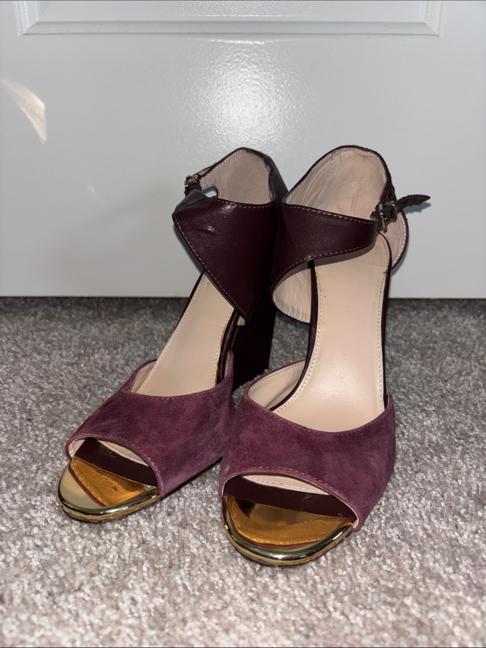 Victoria's Secret Suede Open-Toe Ankle-Strap Heels in Purple with Gold Accent